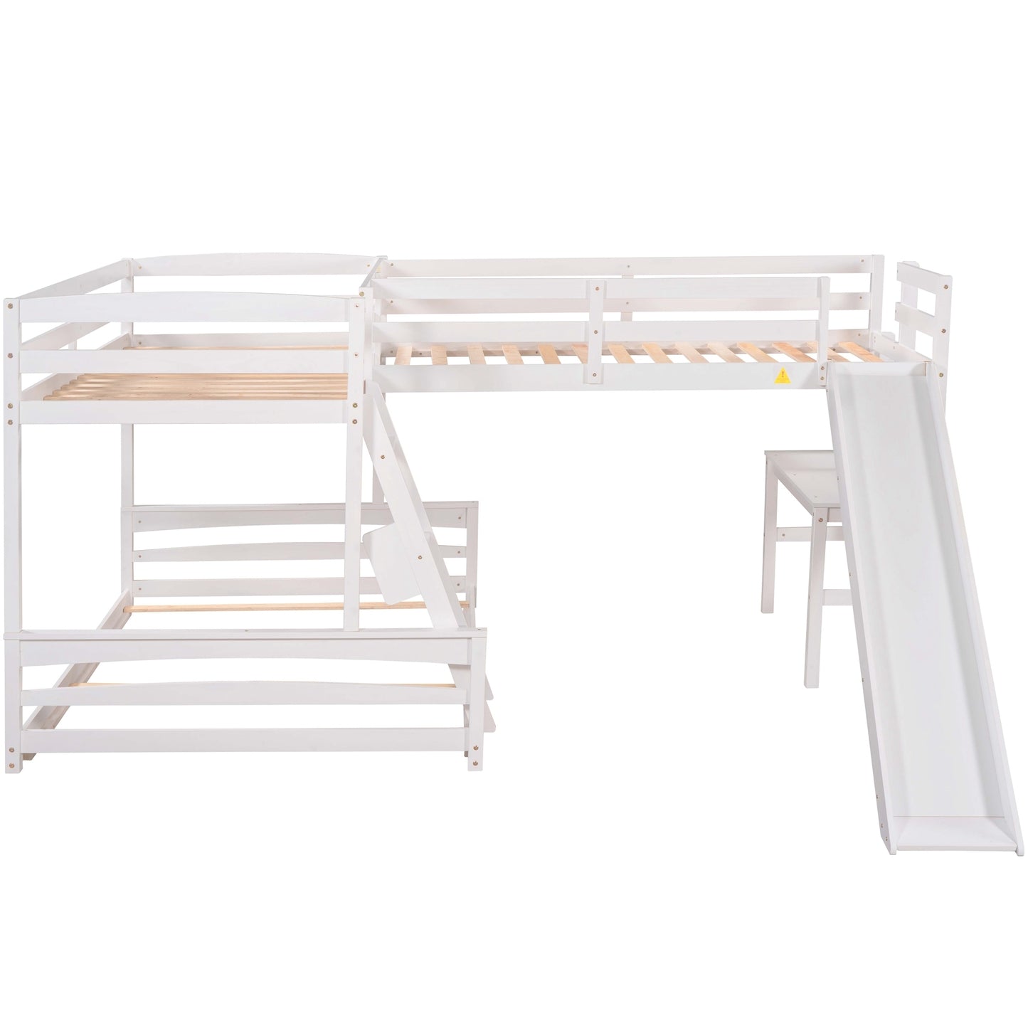 Combined L-Shaped Loft Bunk Bed Set with Desk, Slide & Guardrail in White