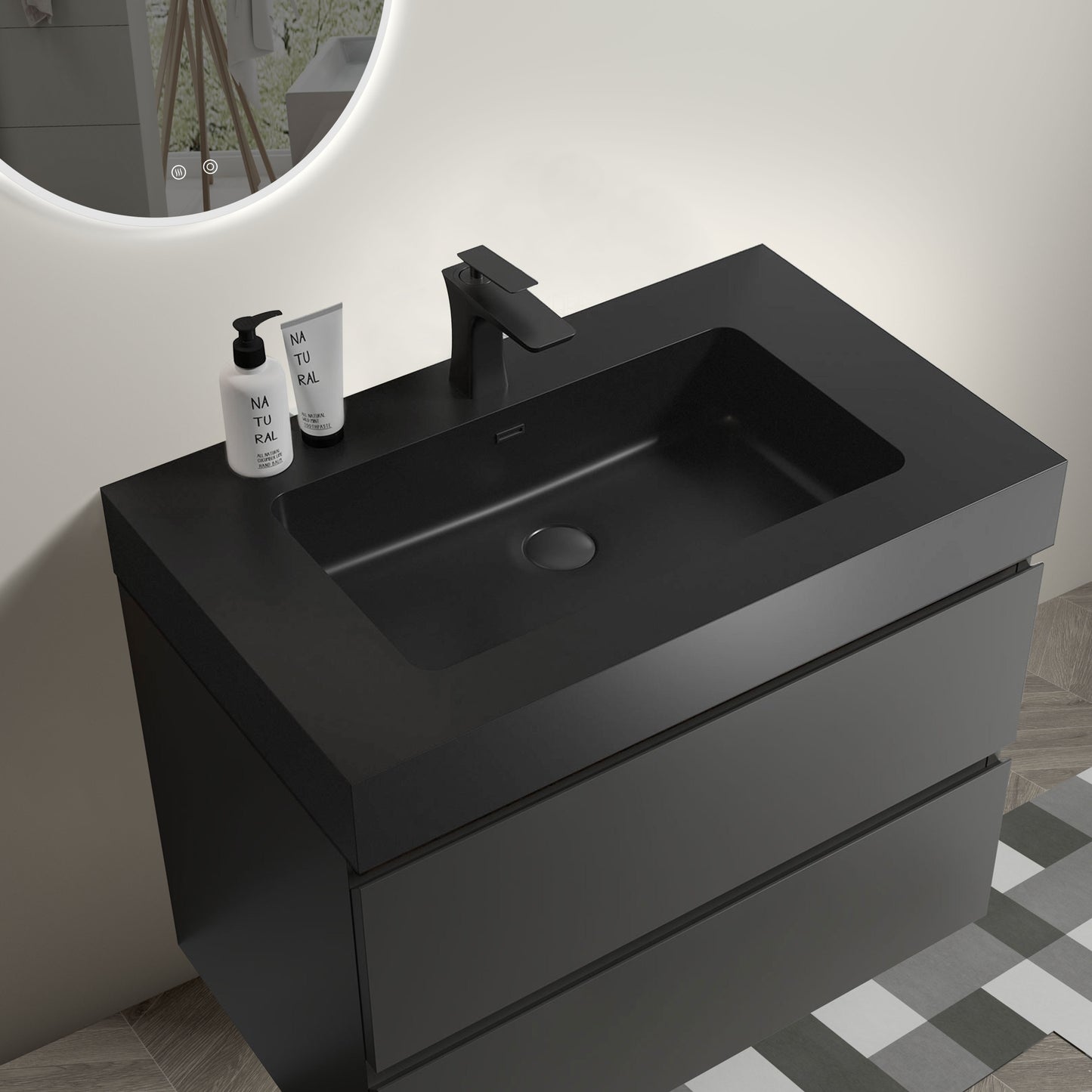 Alice 30" Gray Bathroom Vanity with Sink, Large Storage Wall Mounted Floating Bathroom Vanity for Modern Bathroom, One-Piece Black Sink Basin without Drain and Faucet