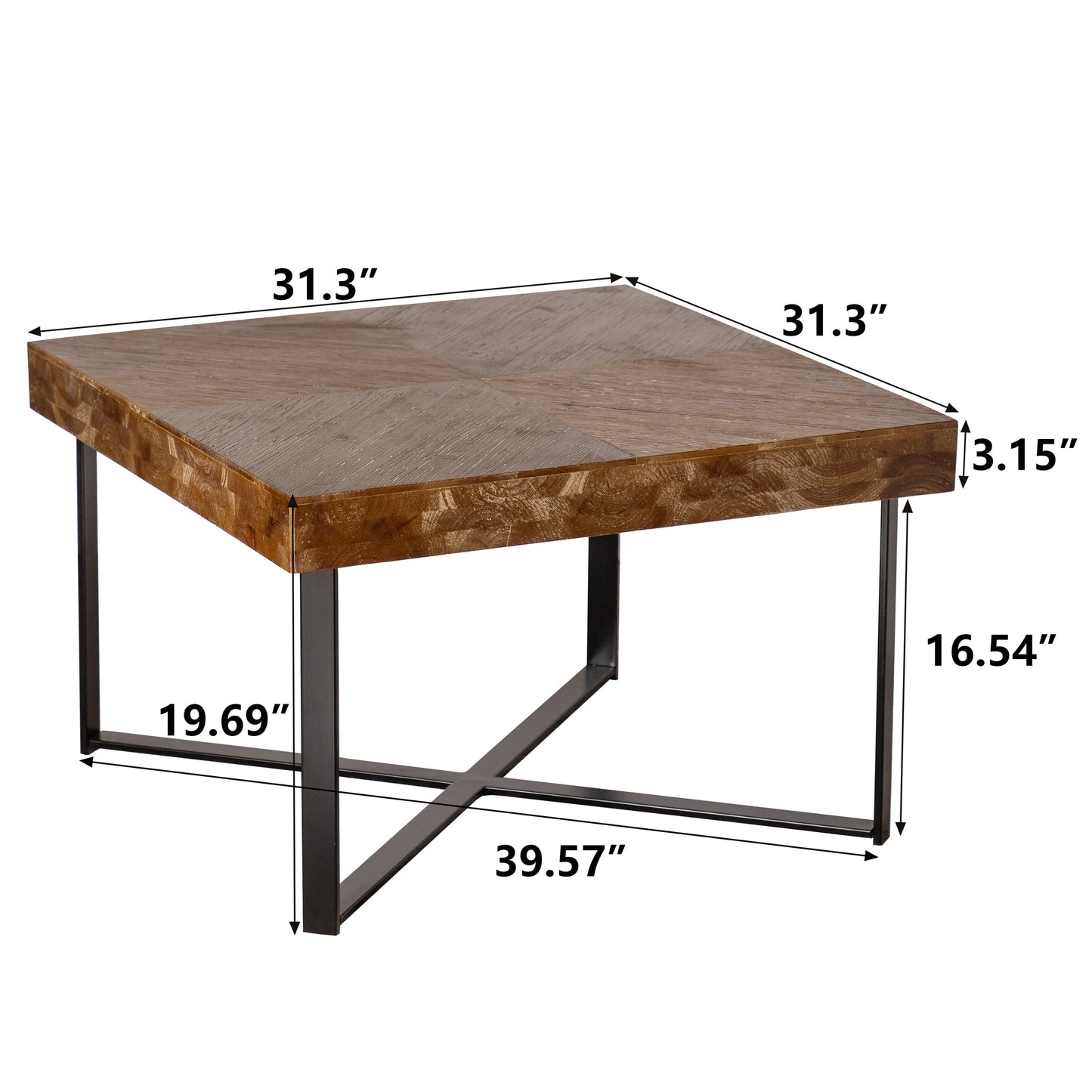 Modern Retro Fir Wood Coffee Table Set - Square Design with Cross Legs Metal Base