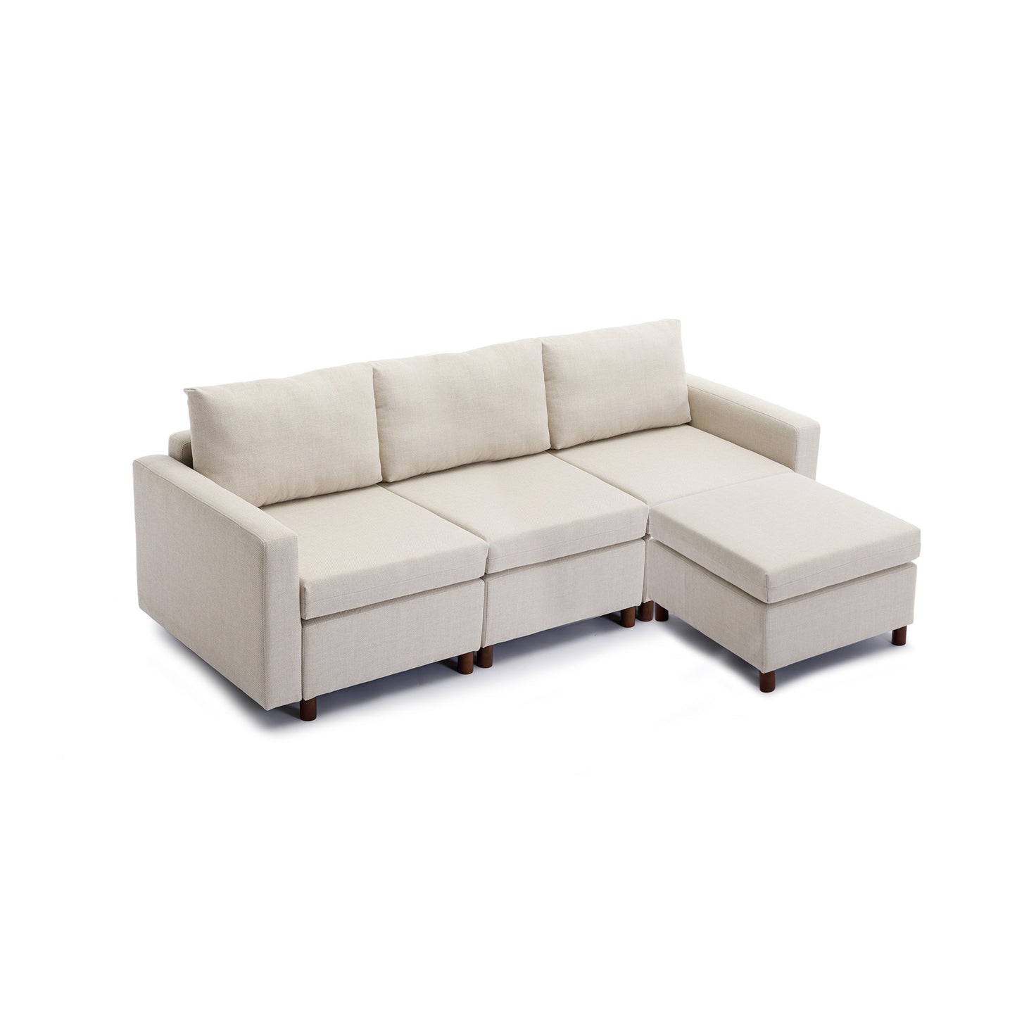 Cream 3-Seat Sectional Sofa Couch with Ottoman, High Quality Linen Cover, Sturdy Wood Frame