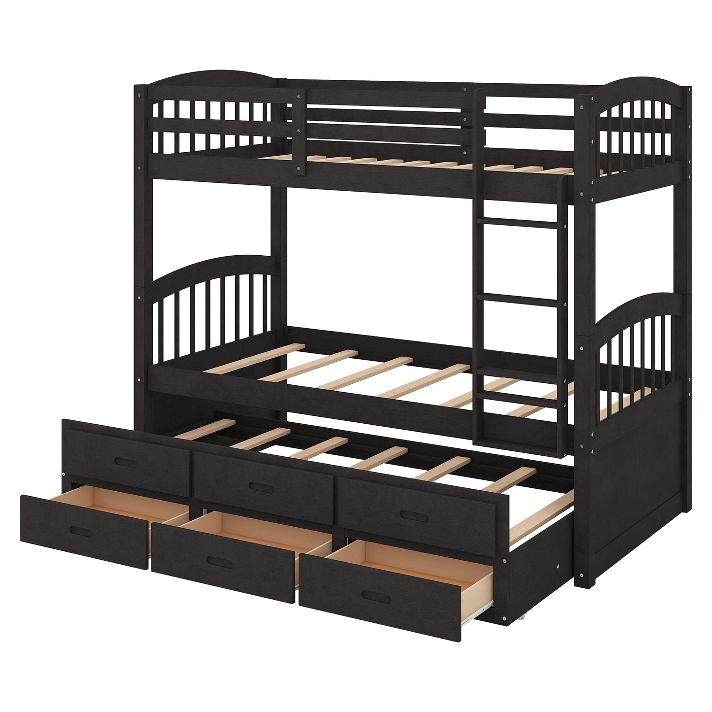 Espresso Twin Wood Bunk Bed with Trundle, Drawers, and Staircase