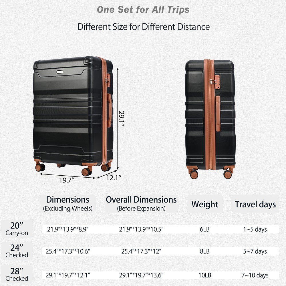 Luggage Sets New Model Expandable ABS Hardshell 3pcs Clearance Luggage Hardside Lightweight Durable Suitcase sets Spinner Wheels Suitcase with TSA Lock 20''24''28''(Black and Brown)