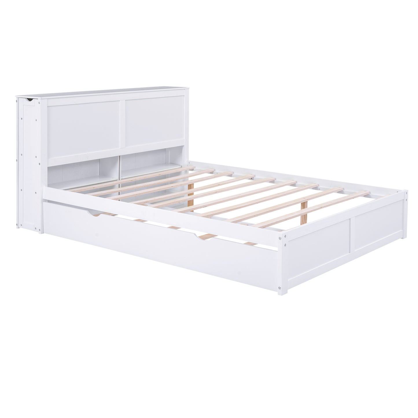 Queen Size Storage Platform Bed with Pull Out Shelves and Twin  XL Size Trundle, White