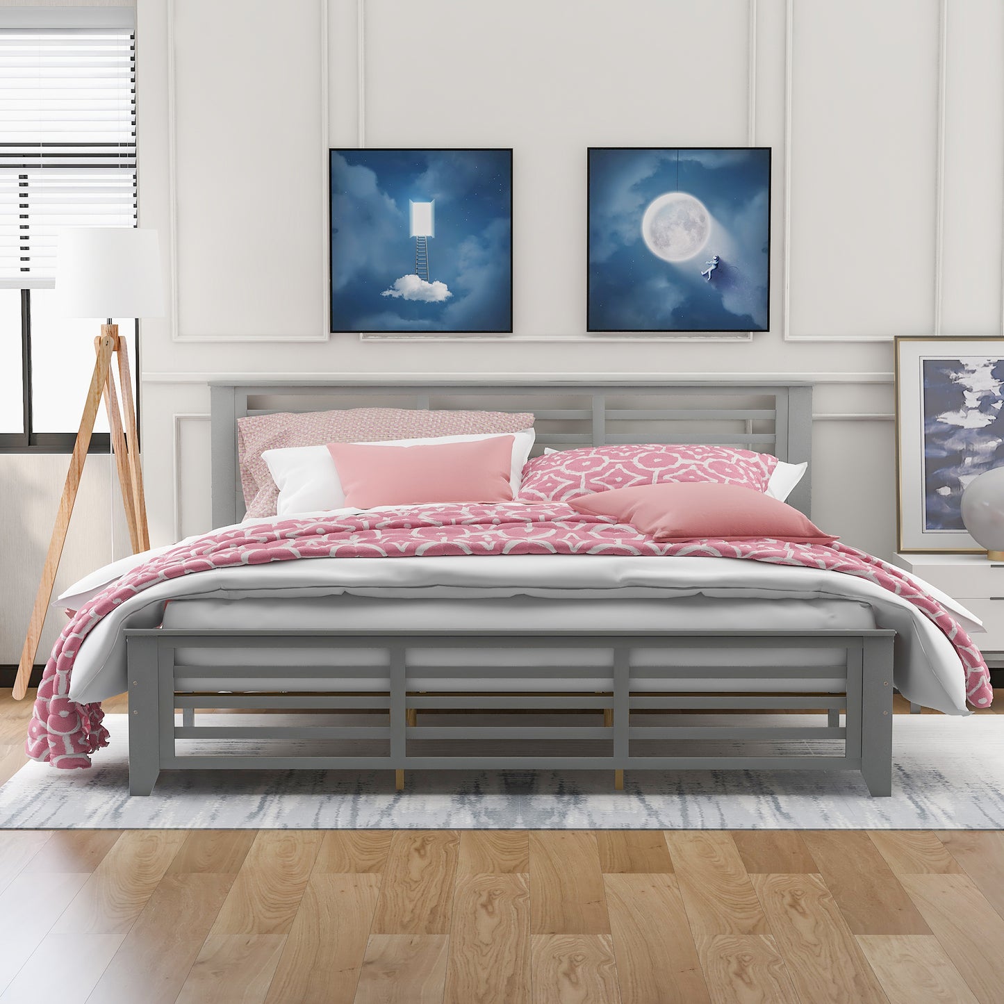 Platform bed with horizontal strip hollow shape, King size, gray