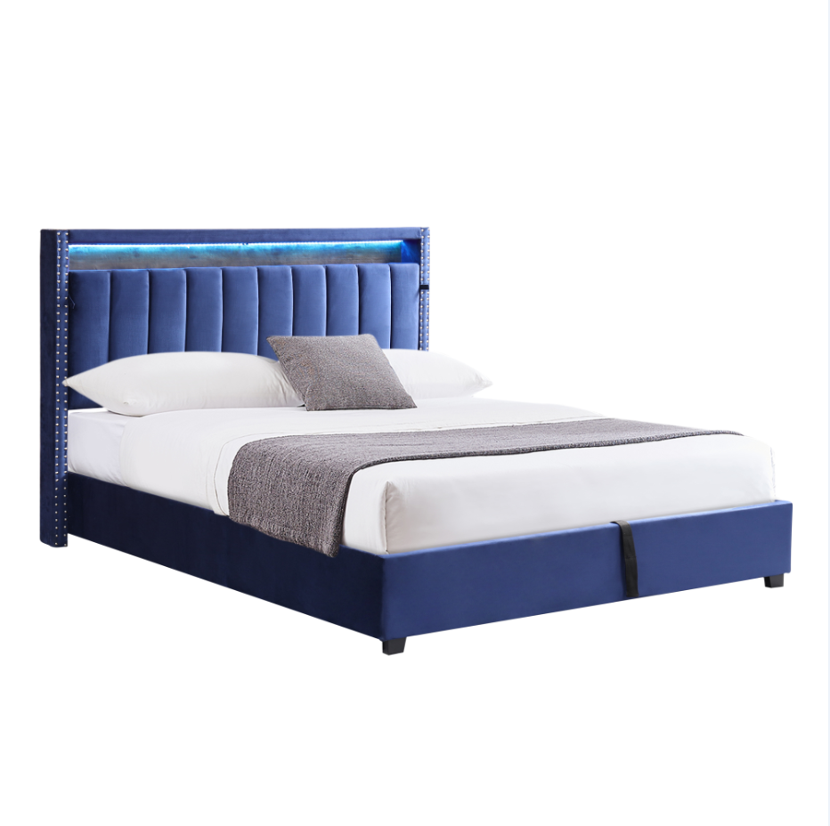 Luxury Gas Lift Storage Bed with RF LED Lights, Storage Headboard ,FULL Size ,Velvet Blue