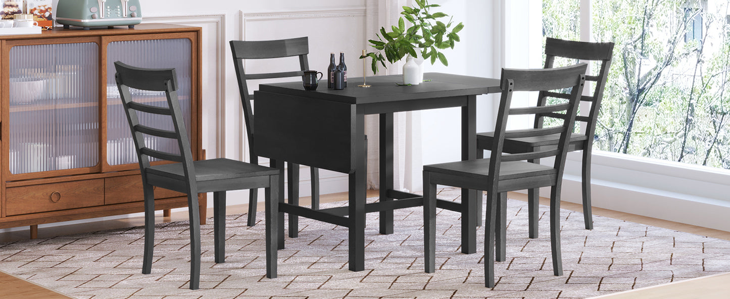 5-Piece Wood Square Drop Leaf Breakfast Nook Extendable Dining Table Set with 4 Ladder Back Chairs for Small Places, Gray