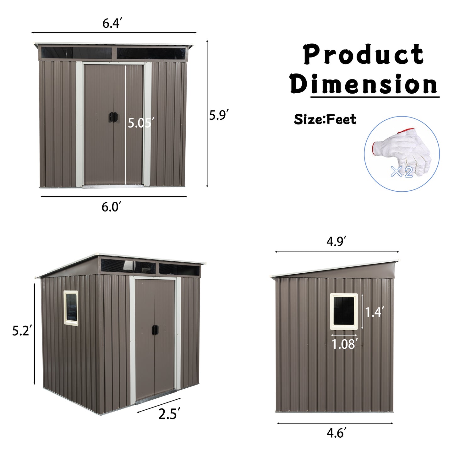 6ft x 5ft Outdoor Metal Storage Shed With window Transparent plate   (W54071041)