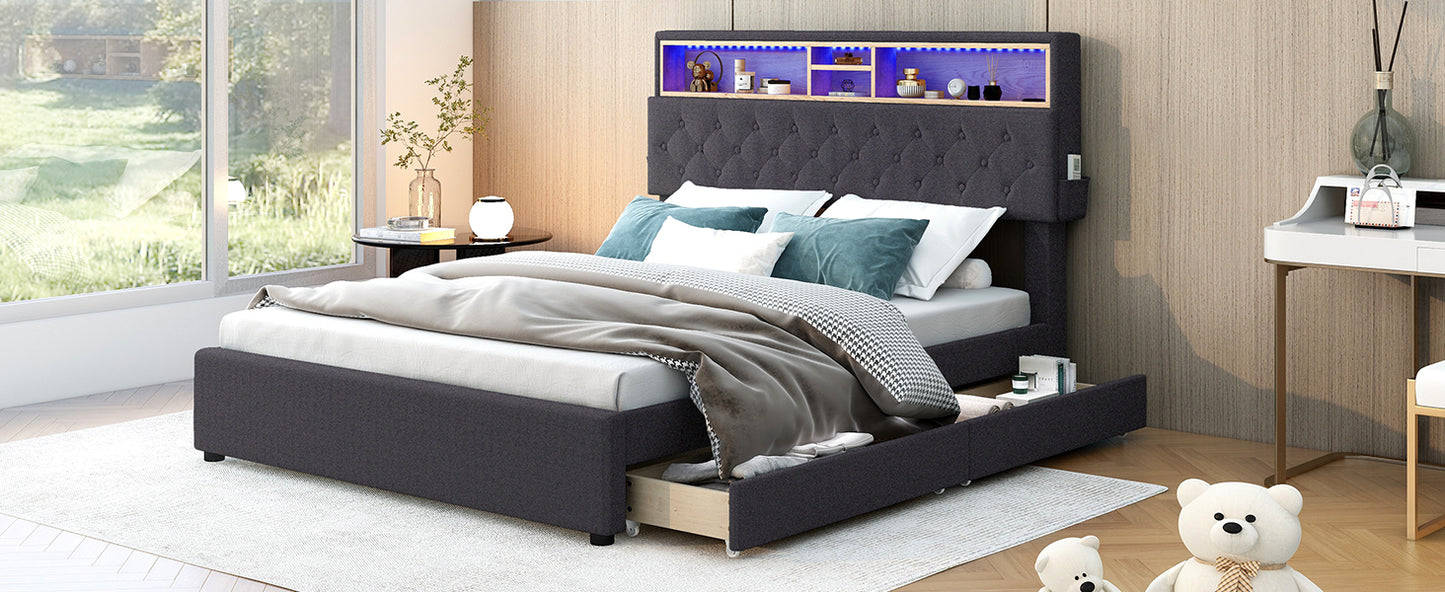 Full Size Upholstered Platform Bed with Storage Headboard, LED, USB Charging and 2 Drawers, Dark Gray