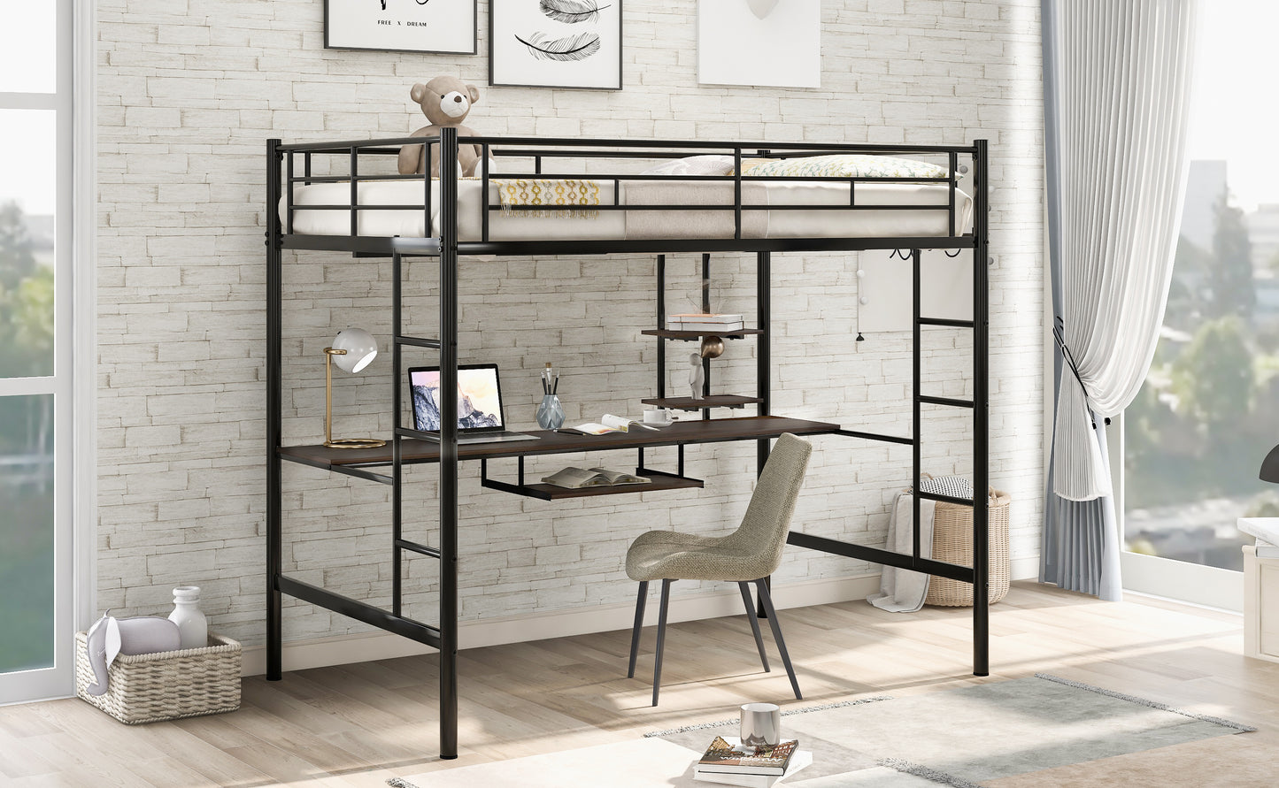 Loft Bed with Desk and Shelf , Space Saving Design,Full,Black