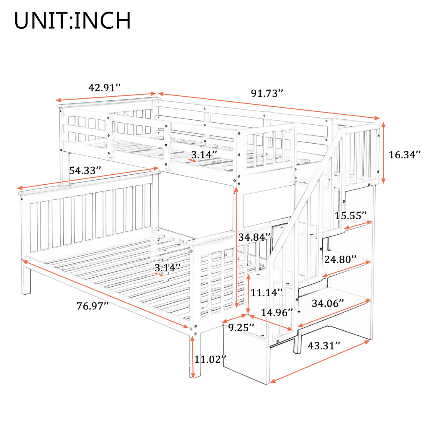 White Twin-Over-Full Bunk Bed with Staircase Storage and Guard Rail