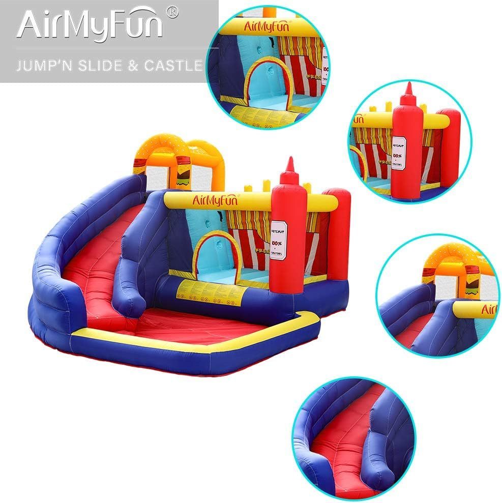 AirMyFun Food Bouncy Castle with Hamburger and Ketchup Shape, Jump & Slide Area with Safety Net