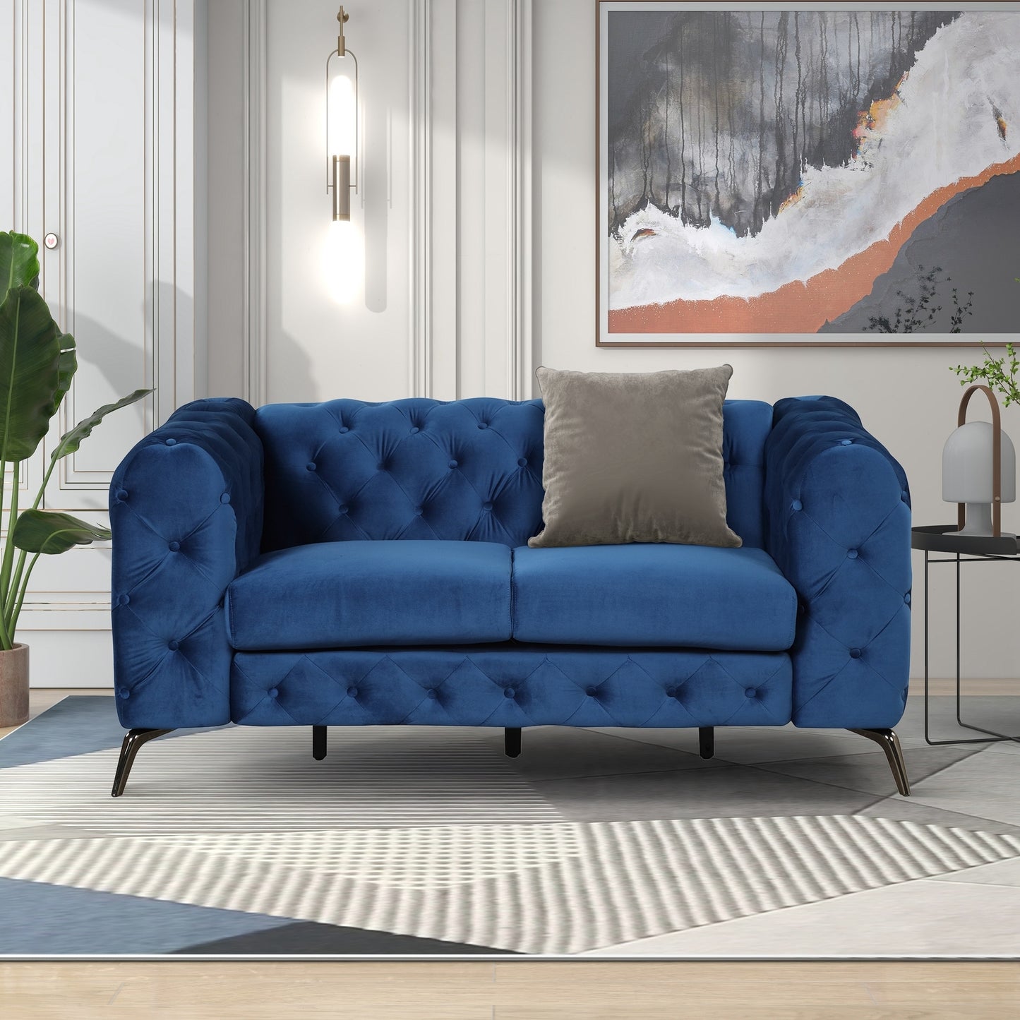 63 Blue Velvet Upholstered Modern Loveseat Sofa with Button Tufted Back