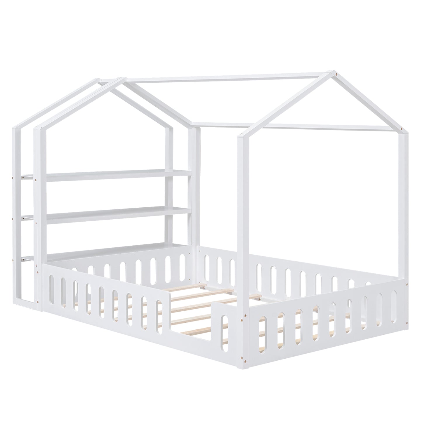 Full Size Wood House Bed with Fence and Detachable Storage Shelves, White(Expected Arrival Time: 1.7)