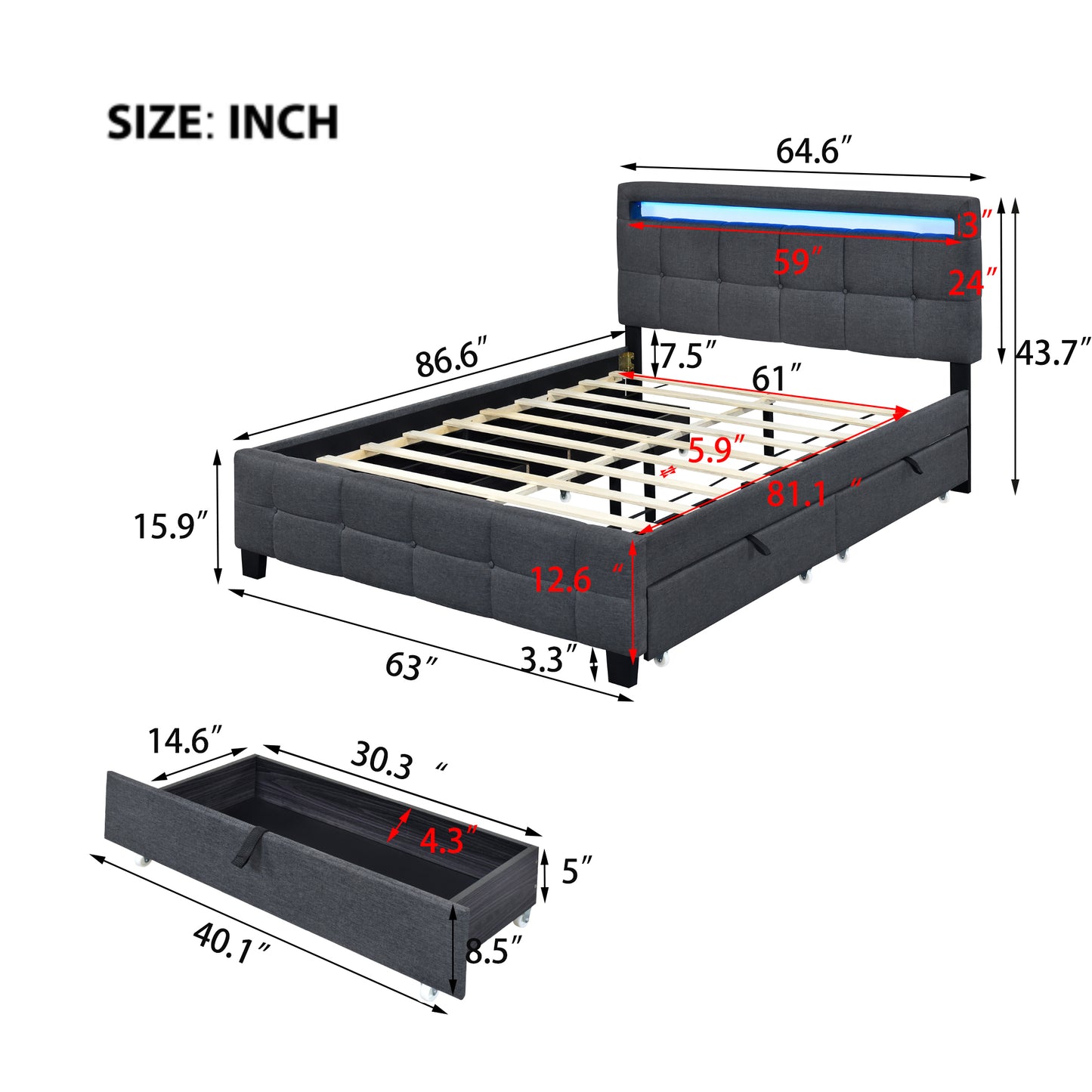 Queen Size Upholstered Platform Bed with LED Frame and 4 Drawers, Linen Fabric, Gray