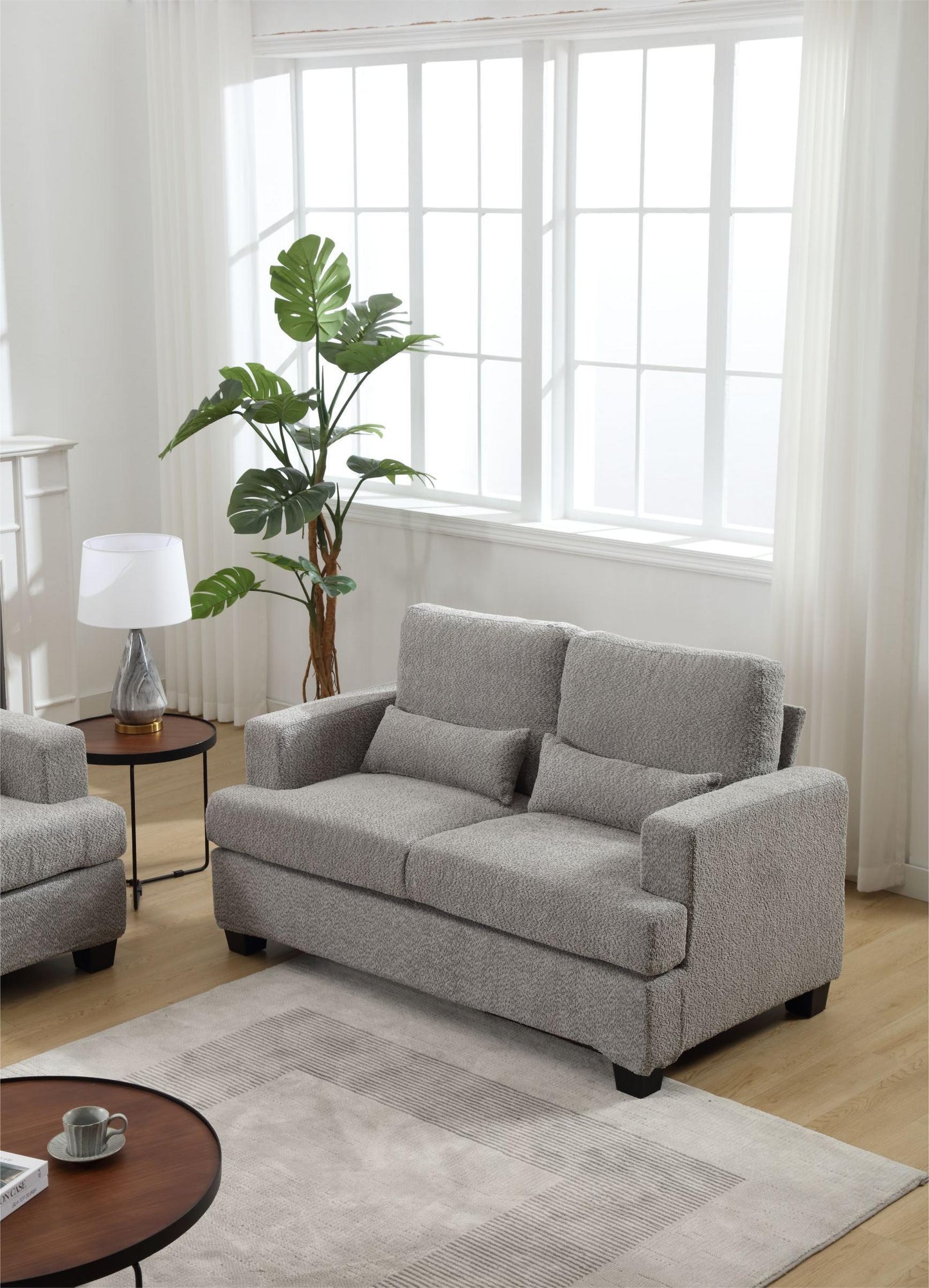 Elegant 63 Modern Loveseat with Square Armrest and 2 Waist Pillows (White & Gray Fabric)