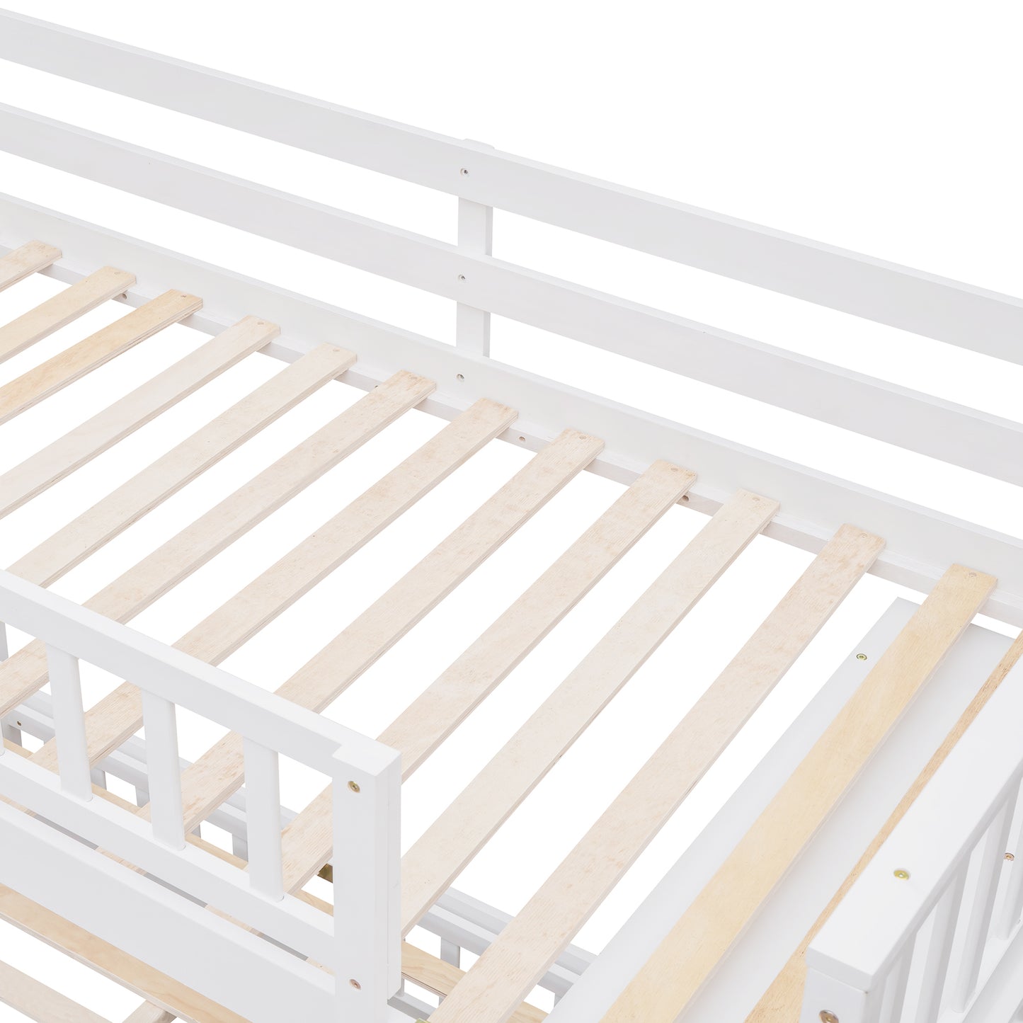 White Wooden Bunk Bed with Storage Drawers and Flexible Shelves, Twin Over Full Size Bed on Wheels