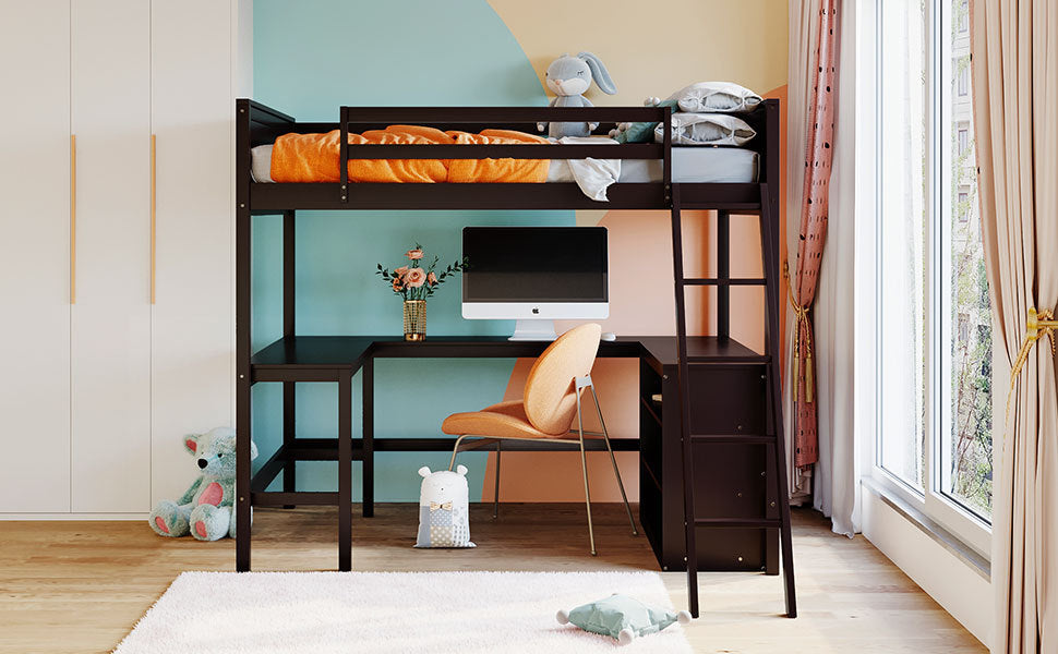 Full size Loft Bed with Shelves and Desk, Wooden Loft Bed with Desk - Espresso