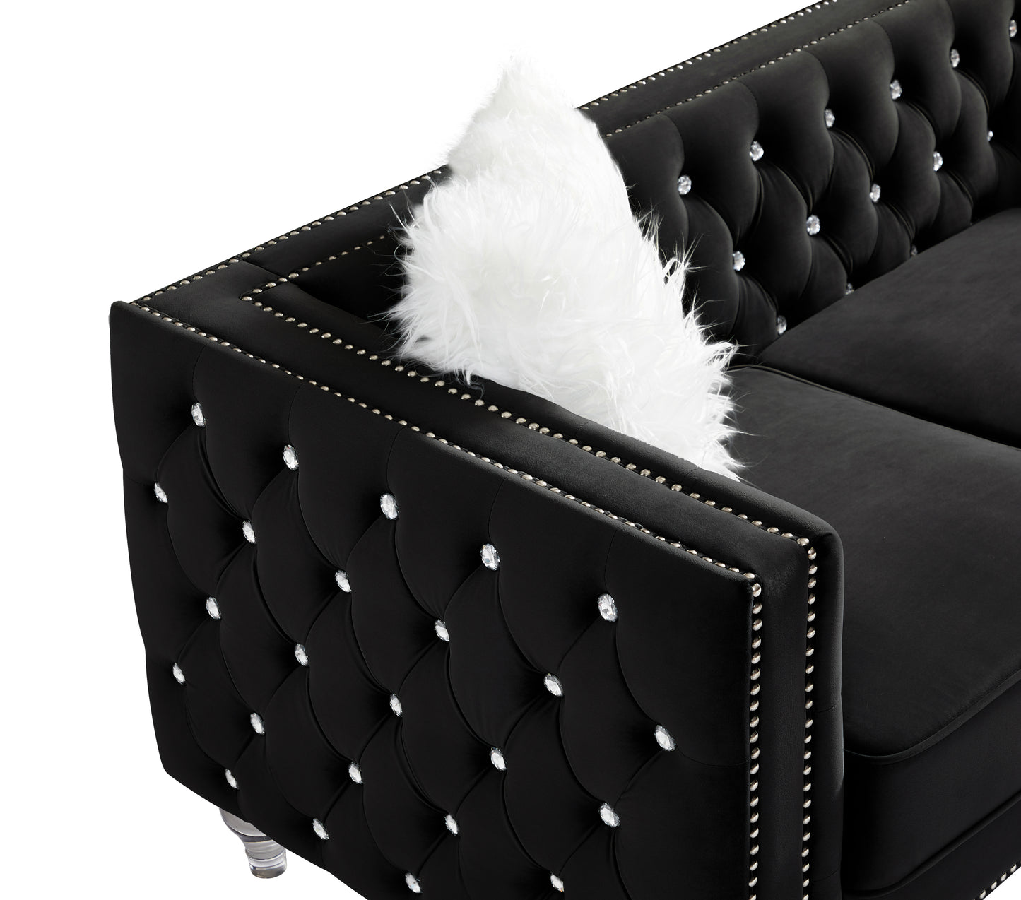 2066 Two-seat Black Velvet Sofa with Crystal Buttons and Throw Pillows