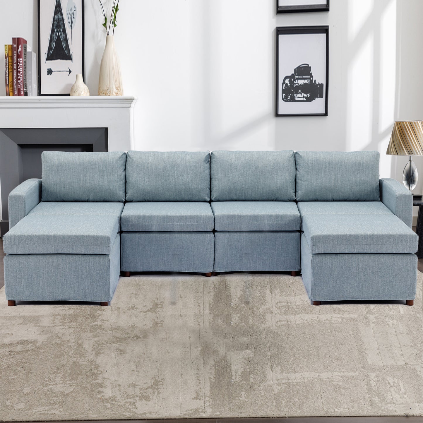 4-Seat Modular Sectional Sofa with Ottoman, Light Blue