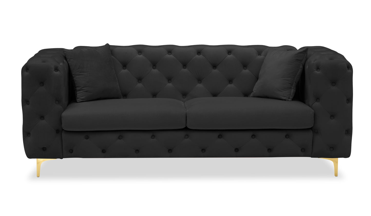 New design comfortable black loveseat with two throw pillows in the same color