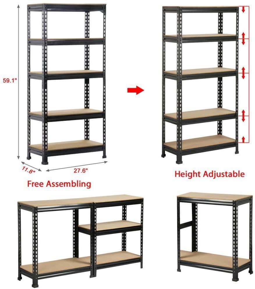 Storage Shelving Unit, 5-Tier Adjustable, Metal Organizer Utility Rack, 27.6"W x 11.8"D x 59" Black