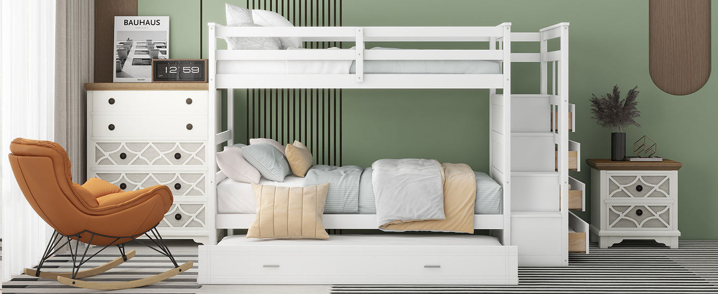 White Twin Over Twin Bunk Bed with Trundle, Staircase, and Storage Drawers