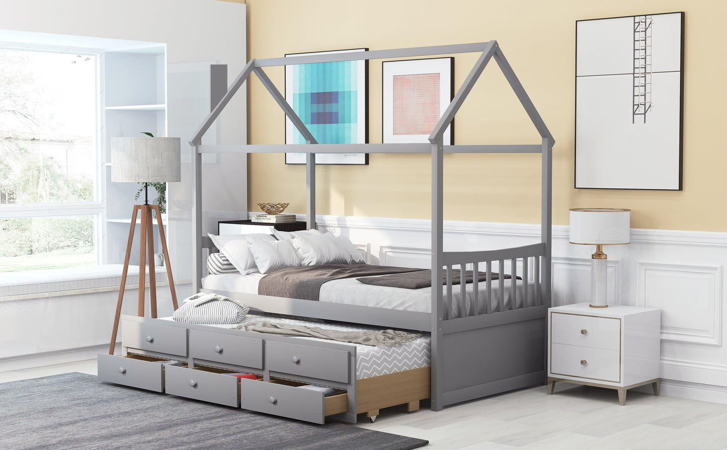 Twin size Wooden House Bed with Trundle and 3 Storage Drawers-Gray