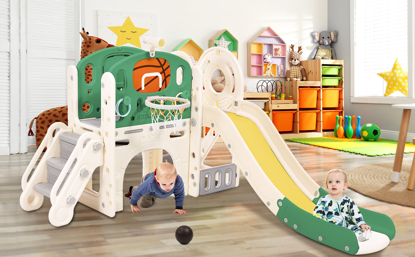 Kids Slide Playset Structure, Freestanding Castle Climbing Crawling Playhouse with Slide, Arch Tunnel, Ring Toss, and Basketball Hoop, Toy Storage Organizer for Toddlers, Kids Climbers Playground