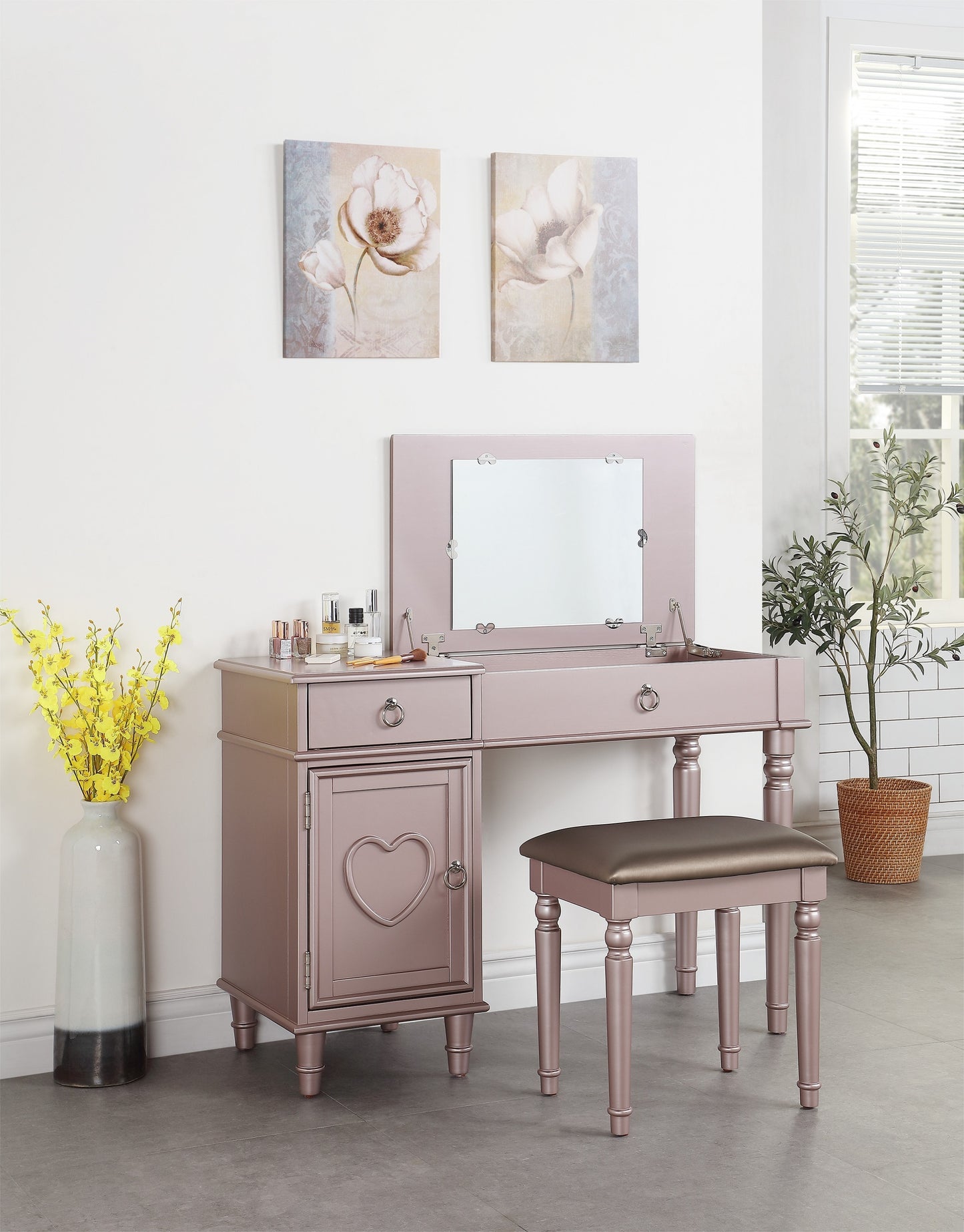 Bedroom Vanity Set w Stool Open Up Mirror Storage Space Drawers Rubber wood Ring Pull Handles Rose Gold Color Vanity