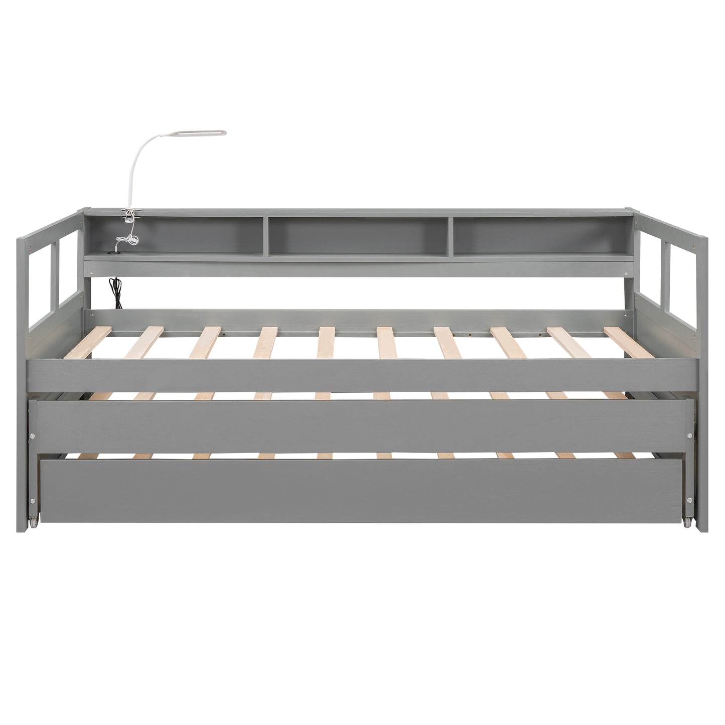 Twin XL Wood Daybed with 2 Trundles, 3 Storage Cubbies, 1 Light for Free and USB Charging Design, Gray