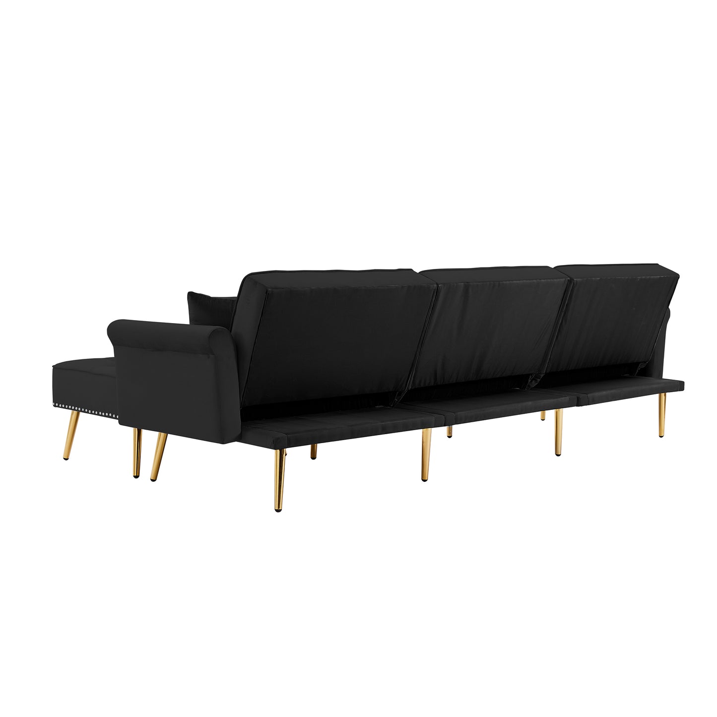 Modern Velvet Upholstered Reversible Sectional Sofa Bed , L-Shaped Couch with Movable Ottoman and Nailhead Trim For Living Room. (Black)