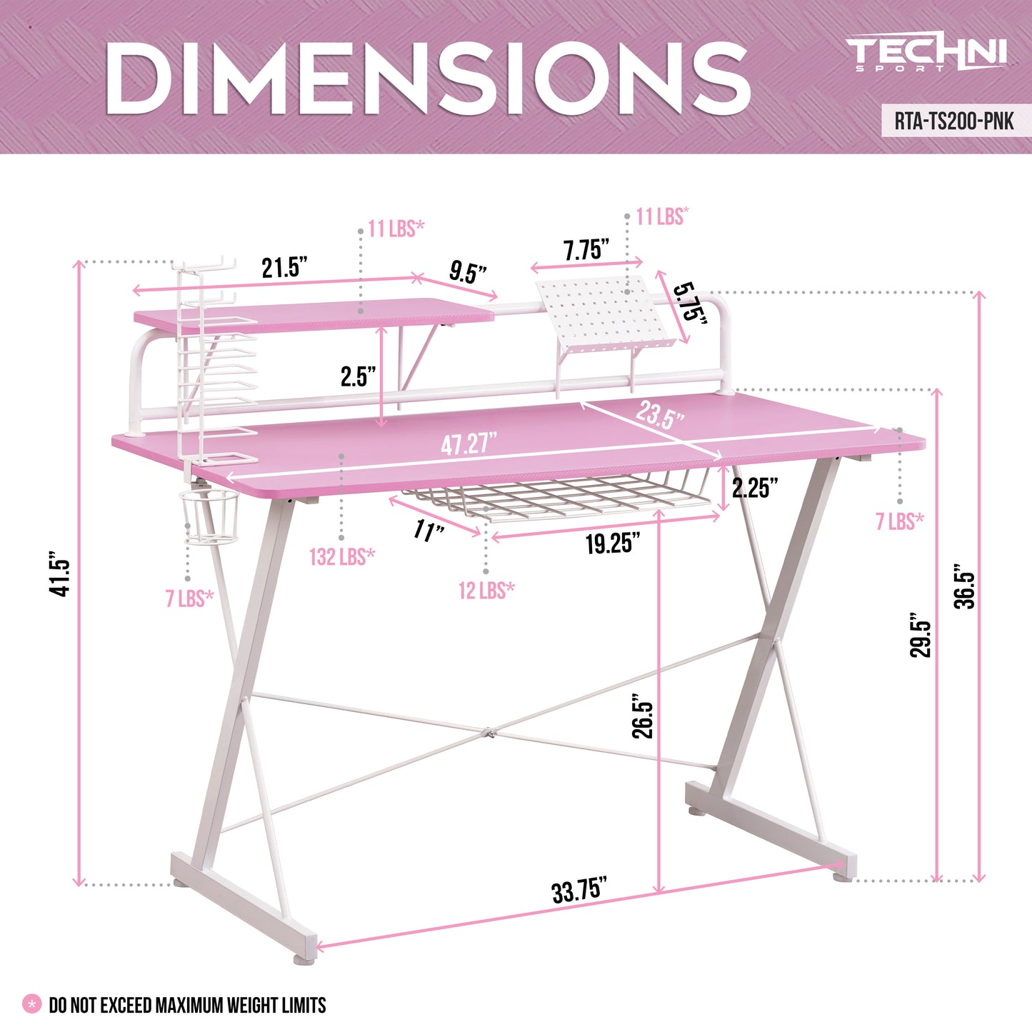 Peak Performance Gaming Desk with Pink Accents by Techni Sport