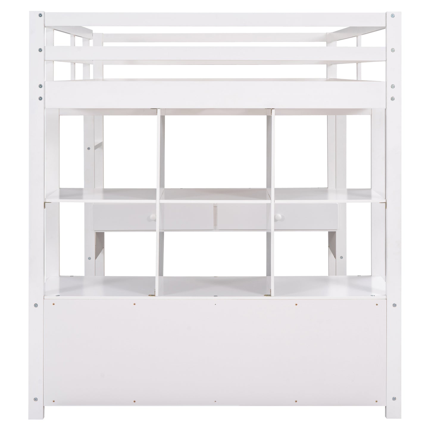 Full Size Loft Bed with Built-in Desk with Two Drawers, and Storage Shelves and Drawers,White