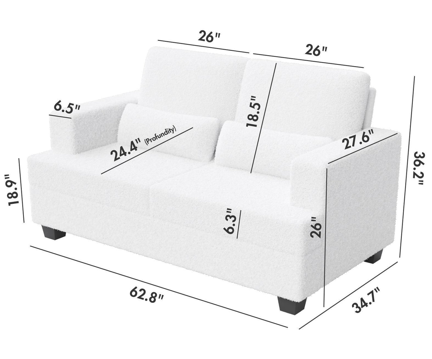 Elegant 63 Modern Loveseat with Square Armrest and 2 Waist Pillows (White & Gray Fabric)