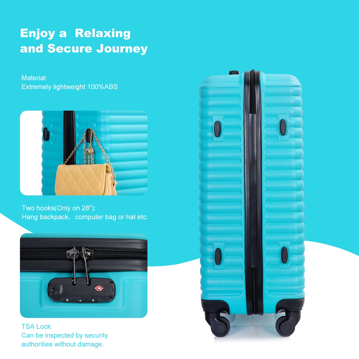 3 Piece Luggage Sets ABS Lightweight Suitcase with Two Hooks, Spinner Wheels, TSA Lock, (20/24/28) Turquoise