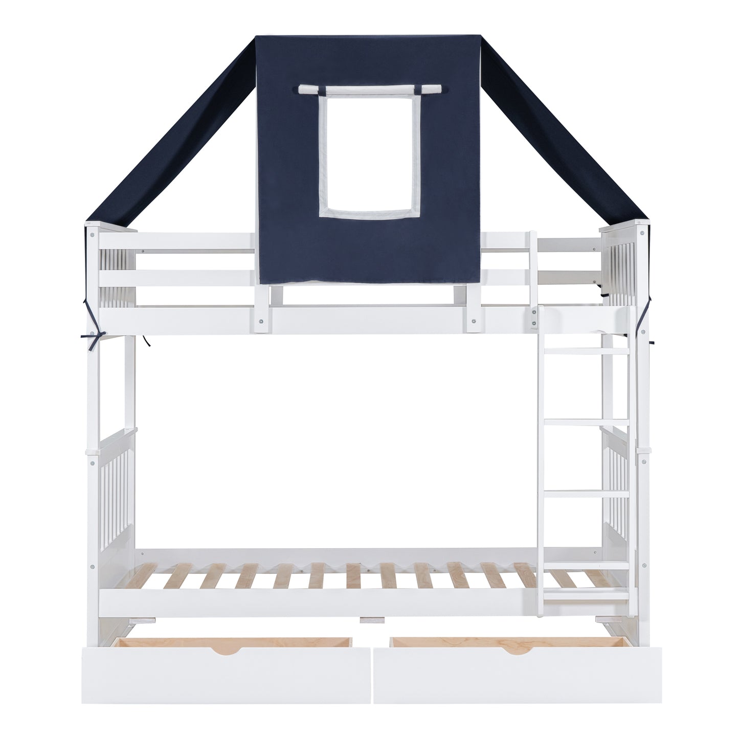 House-Shaped Twin Bunk Bed with Tent, Drawers, White & Blue