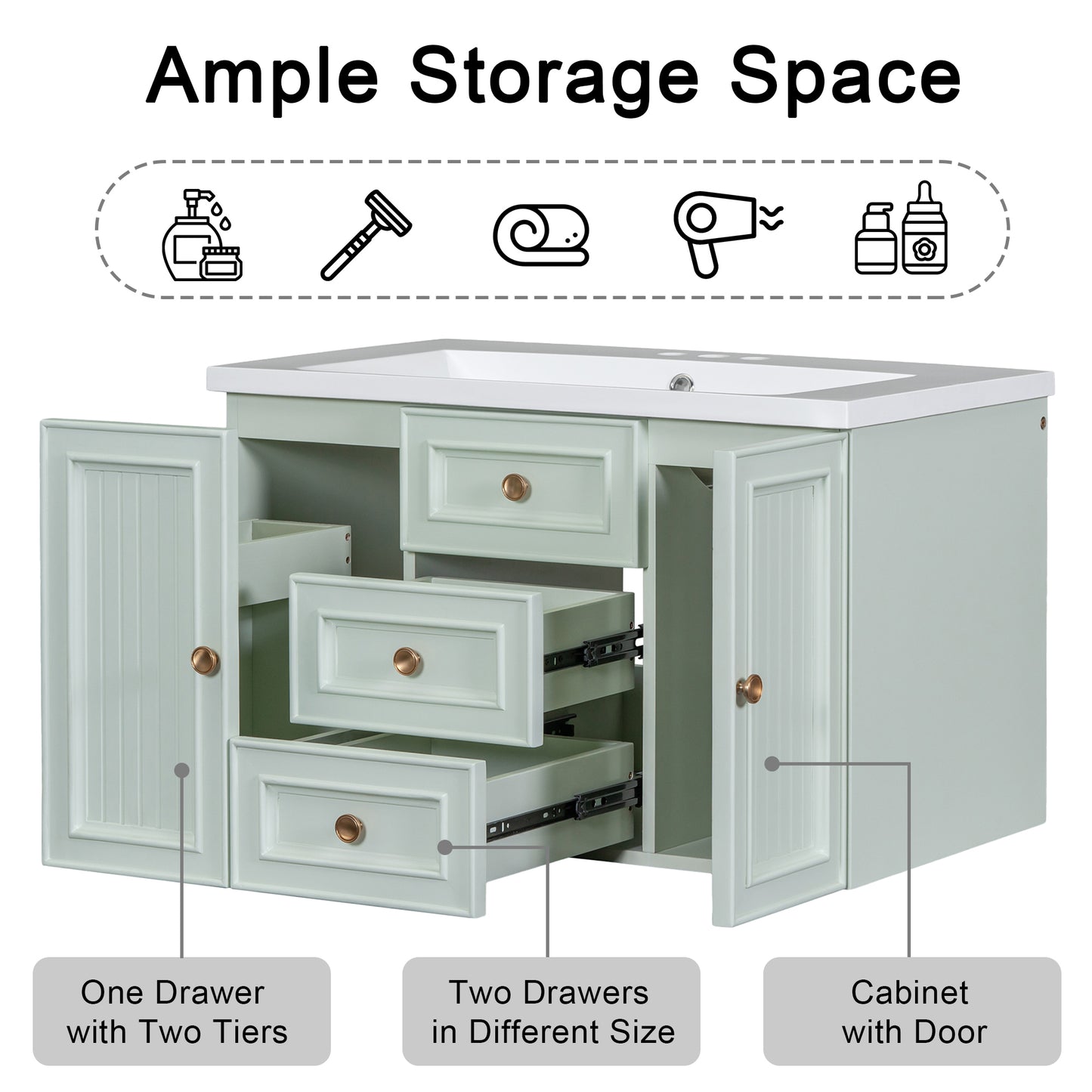 30" Wall Mounted Bathroom Vanity with Sink Combo, Functional Drawer, Solid Wood & MDF Board & Ceramic, Green