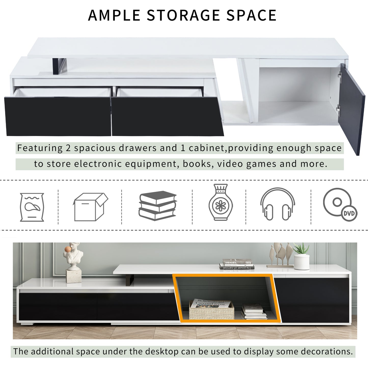 Rectangular Extendable TV Stand with Drawers and Cabinet for Living Room, Up to 100''