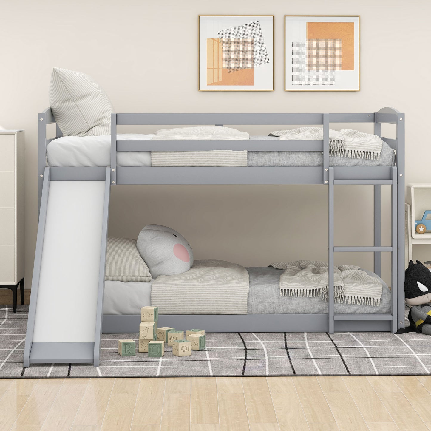 Convertible Gray Twin Bunk Bed with Slide, Ladder, and Playful Design