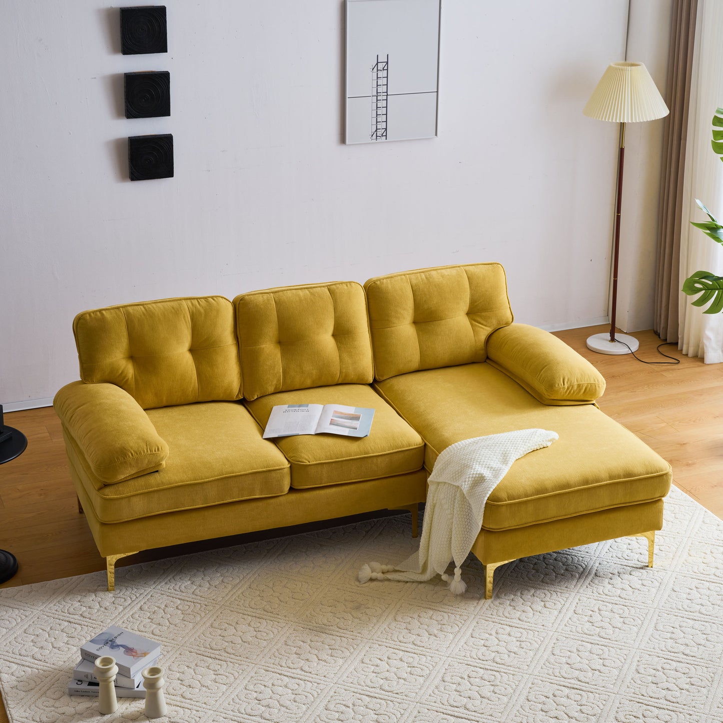 Modern Yellow Velvet L-Shaped Sectional Sofa for Living Room or Bedroom