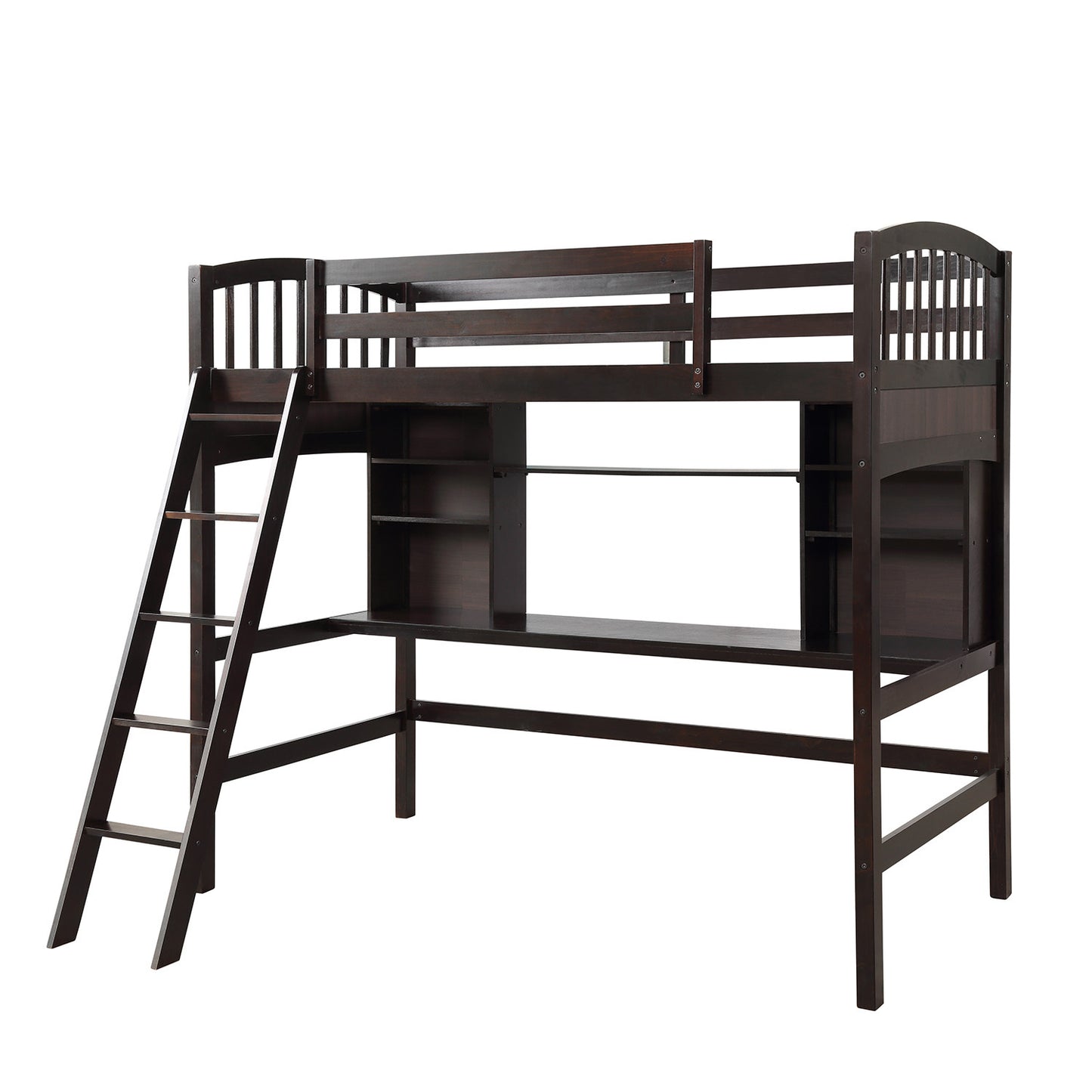 Twin size Loft Bed with Storage Shelves, Desk and Ladder, Espresso