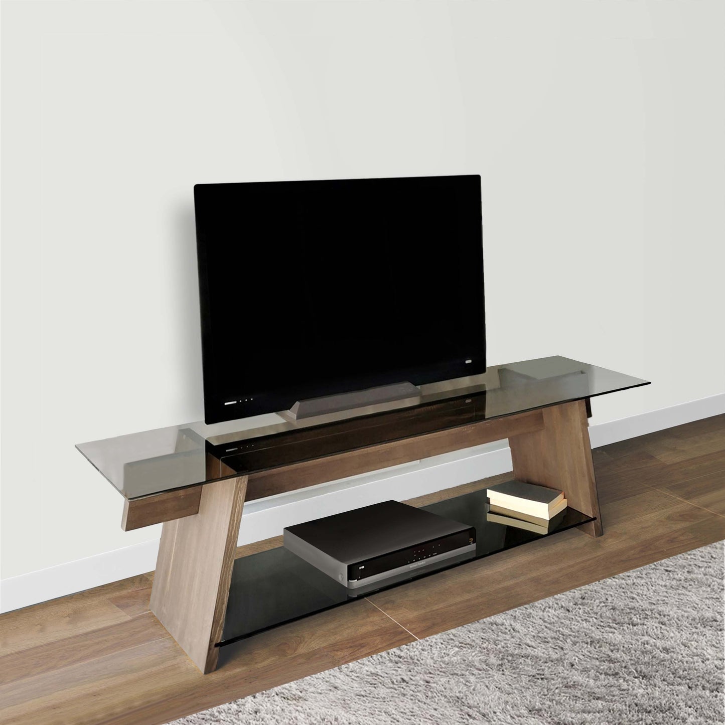 62 Modern Brown and Black Glass TV Console Stand with Wood Frame