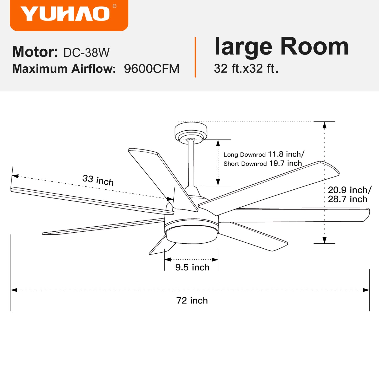 Rustic 72-Inch Ceiling Fan with Adjustable Plywood Blades for Dining Room