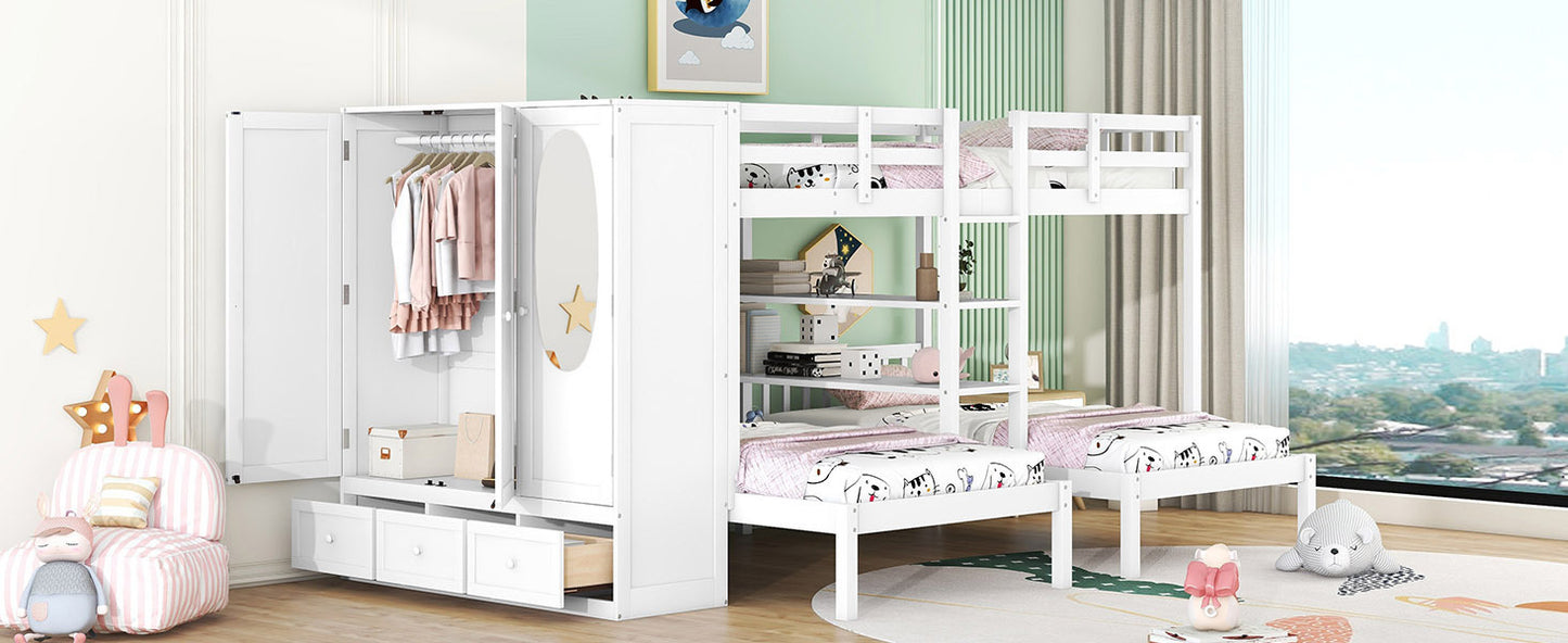 Triple Bunk Bed with Shelves, Wardrobe, and Mirror in White - Space-Saving Family Bunk Bed