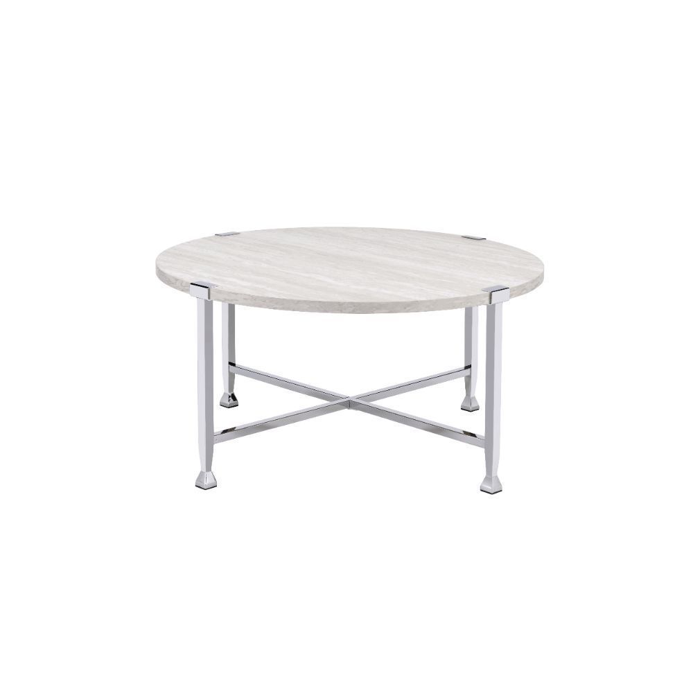 Brecon Round Coffee Table in White Oak and Chrome