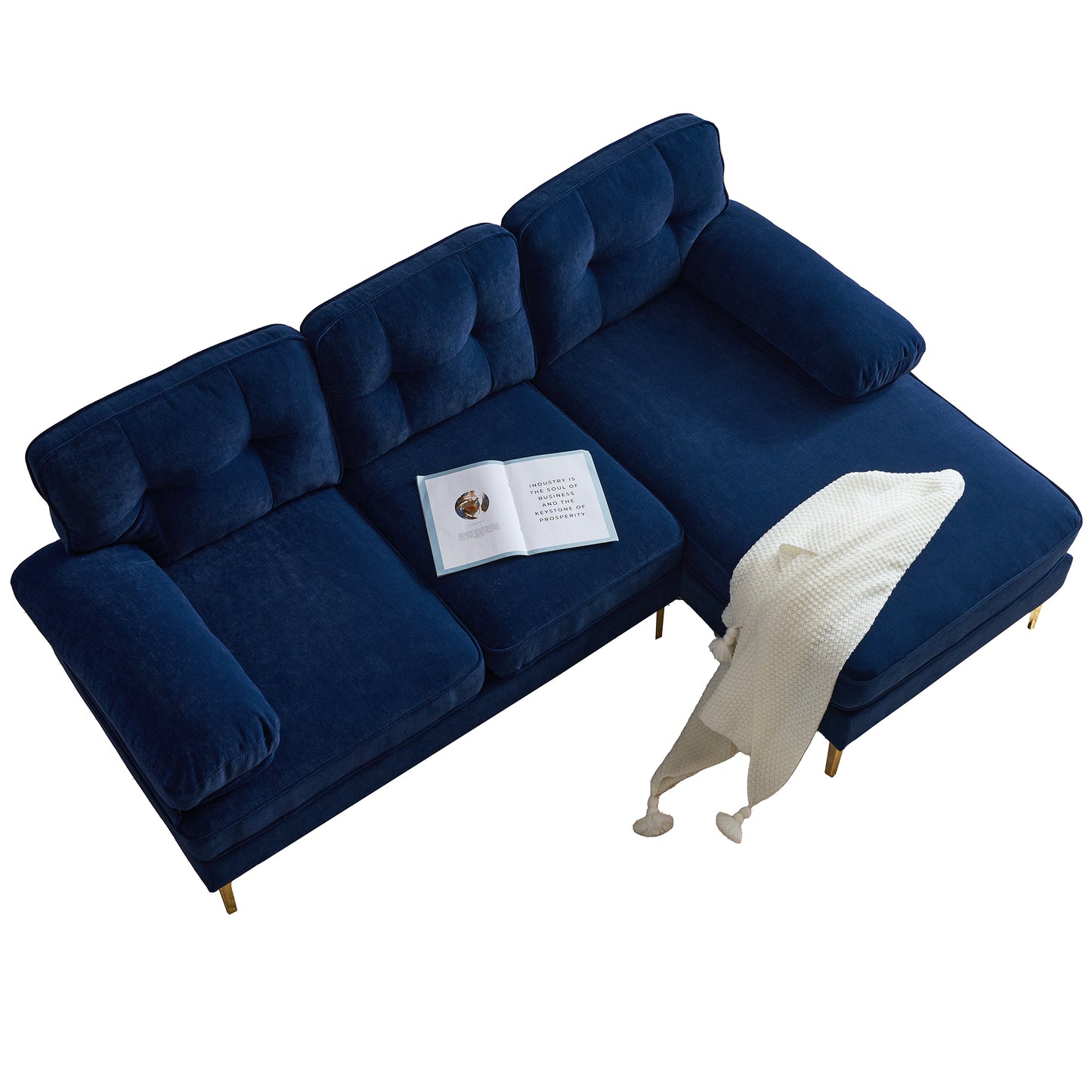 83 Blue Velvet L-Shaped Sectional Sofa with Mid-Century Modern Vibes