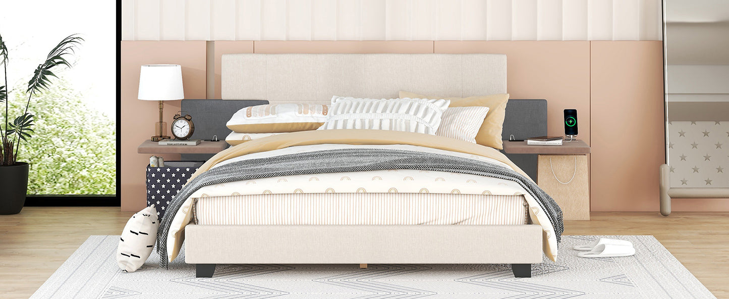 Queen Size Upholstered Platform Bed with Bedside Shelves and USB Charging Design, Beige+Gray