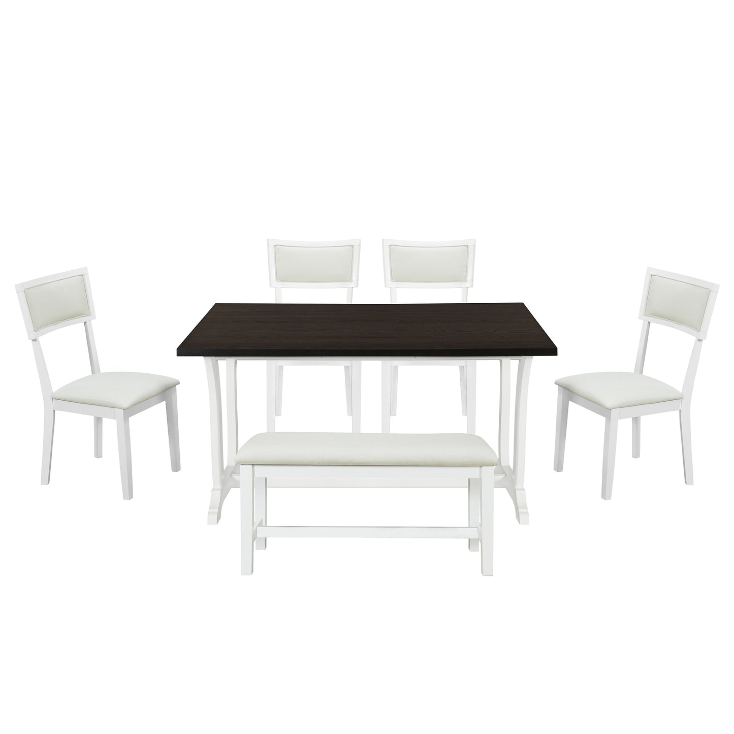 Farmhouse 6-Piece Trestle Dining Table Set with Upholstered Dining Chairs and Bench, 59inch, White