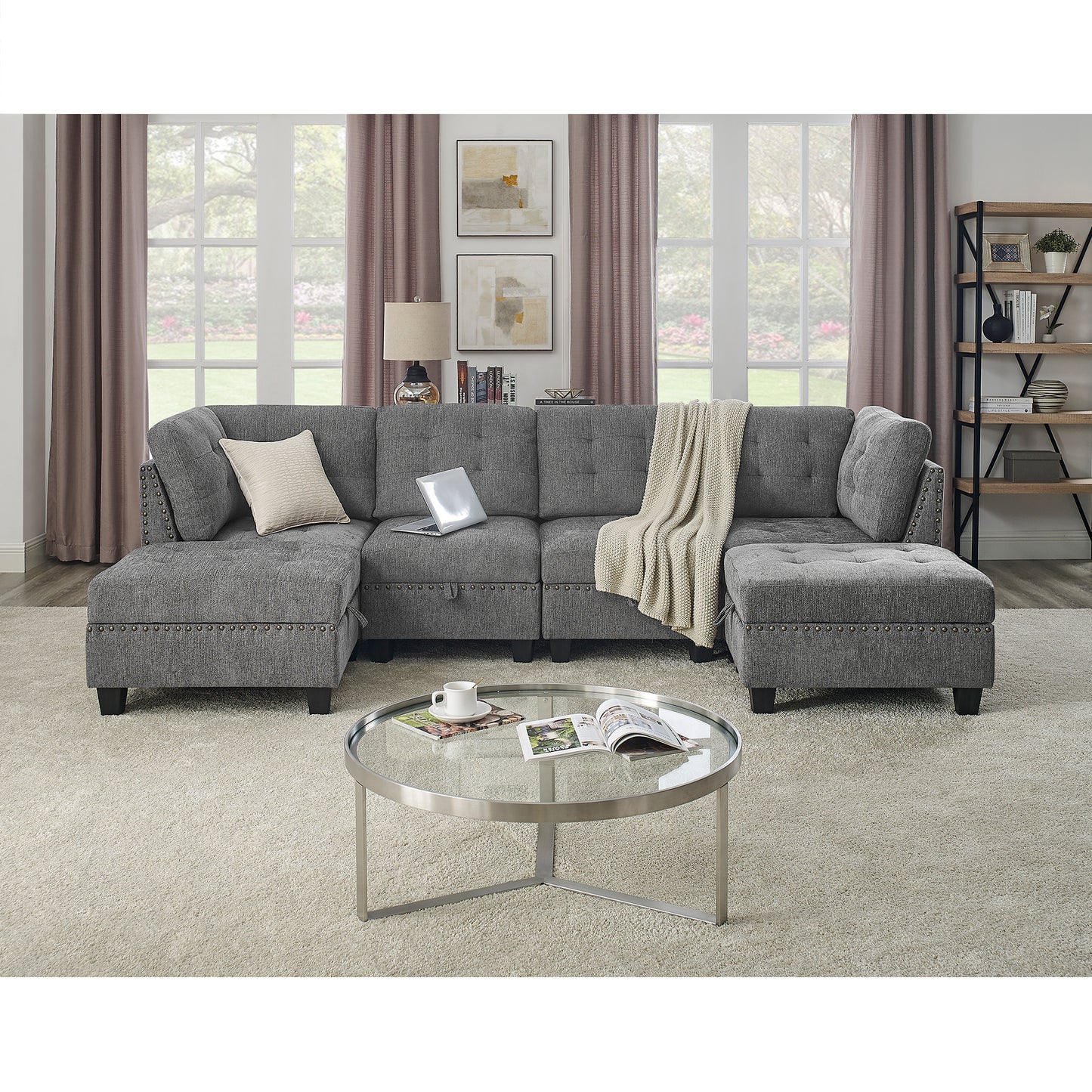 Modular U-Shape Sectional Sofa Set with DIY Combination - Grey Chenille