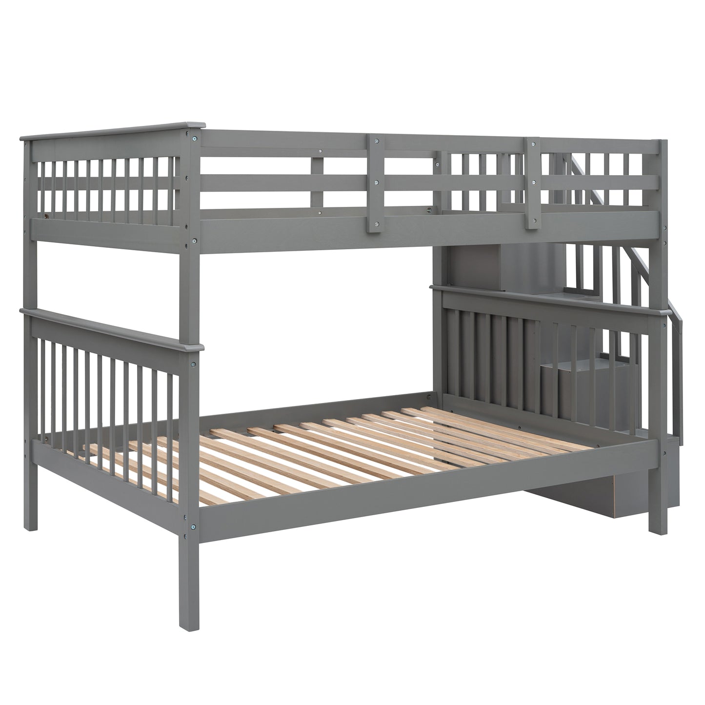 Gray Full Bunk Bed with Staircase Storage and Guard Rail